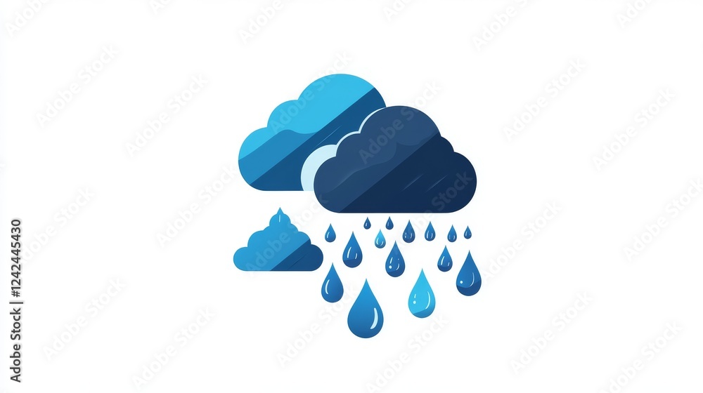 8.Minimalist design of a weather icon with heavy rain, bold gloomy gray clouds, and angled raindrops in vibrant shades of blue against a clean white background. 8.Minimalist design of a weather icon with heavy rain, bold gloomy gray clouds, and angled raindrops in vibrant shades of blue against a clean white background.