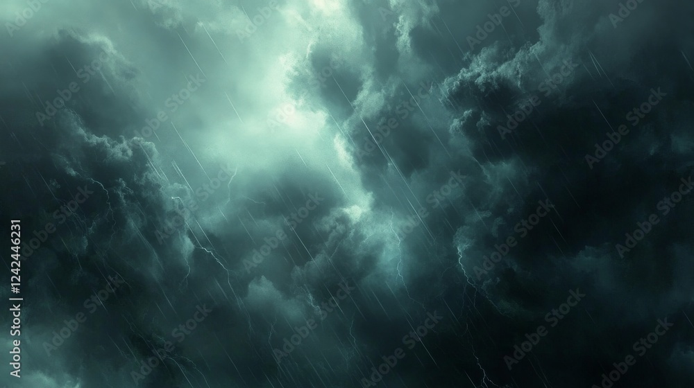Obraz premium 20.Dramatic sky with layers of storm clouds in varying shades of gray, heavy rainfall streaking down, and faint light breaking through the gloom in the distance.