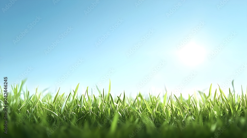 Fototapeta premium Bright Sunny Day Green Grass Field Blue Sky