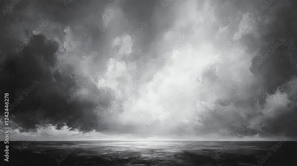 Obraz premium 20.Dramatic sky with layers of storm clouds in varying shades of gray, heavy rainfall streaking down, and faint light breaking through the gloom in the distance.