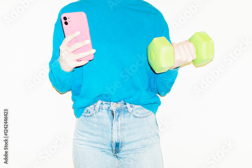 Person with office business work clothes and smartphone with dumbbells photo