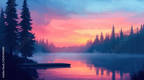 Serene Sunset Over Calm Lake Surrounded by Majestic Pines