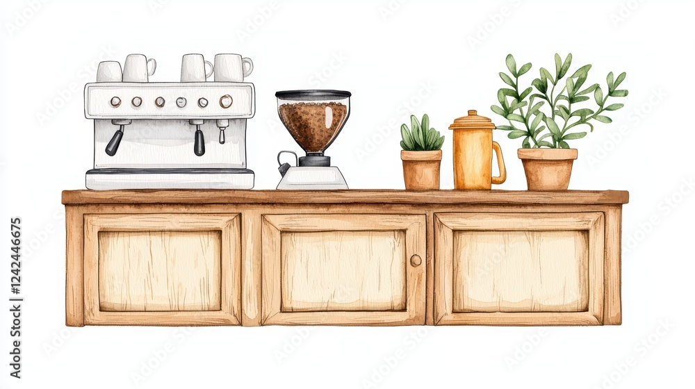 Charming Coffee Station with Equipment and Greenery in Kitchen Charming Coffee Station with Equipment and Greenery in Kitchen