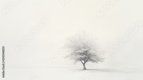 Wallpaper Mural Solitary snow-covered tree in foggy field; winter serenity, nature background Torontodigital.ca