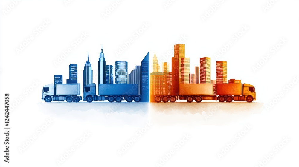 Naklejka premium Urban Logistics and Transport Concept with Trucks and Cityscape