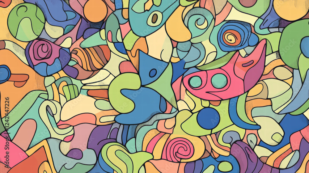 Fototapeta premium Colorful abstract doodle shapes create vibrant and cheerful composition, showcasing playful mix of curves and lines in various hues. This lively artwork evokes joy and creativity