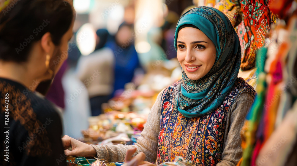 Smiling young female in colorful hijab at vibrant market stall Smiling young female in colorful hijab at vibrant market stall