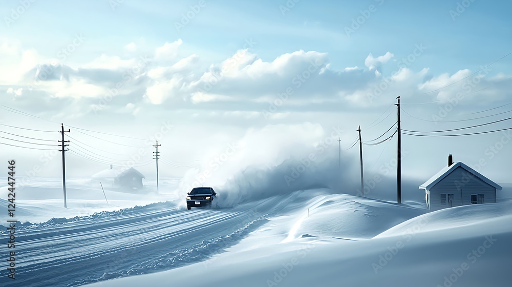 Car Driving Through Blizzard on Snowy Road Car Driving Through Blizzard on Snowy Road
