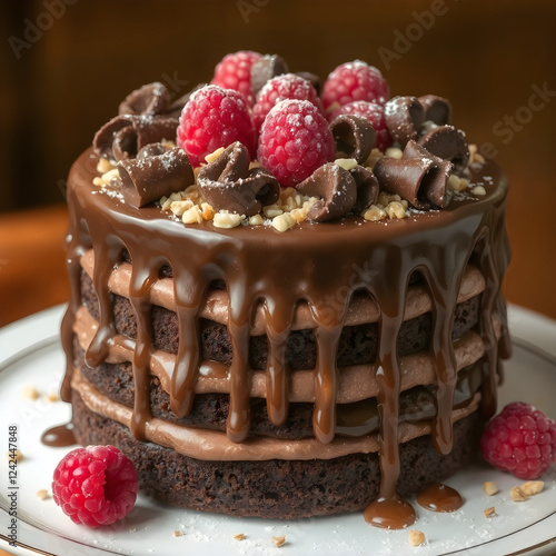 Postre gourmet con chocolate derretido y frutos del bosque