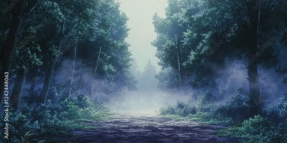 Misty enchanted anime forest, foggy background, hazy trees, mystical atmospheric scenery Misty enchanted anime forest, foggy background, hazy trees, mystical atmospheric scenery