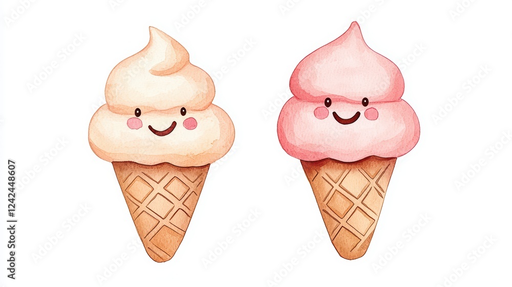 Cute Cartoon Ice Cream Cones with Smiling Faces on White Background Cute Cartoon Ice Cream Cones with Smiling Faces on White Background
