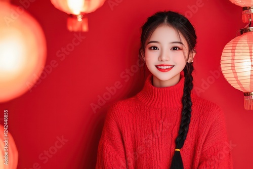 Chinese girl in a red sweater with black braids, wearing a fur skirt and posing for a photo studio, surrounded by lanterns, in a Chinese New Year atmosphere, with a red background wall, smiling, 