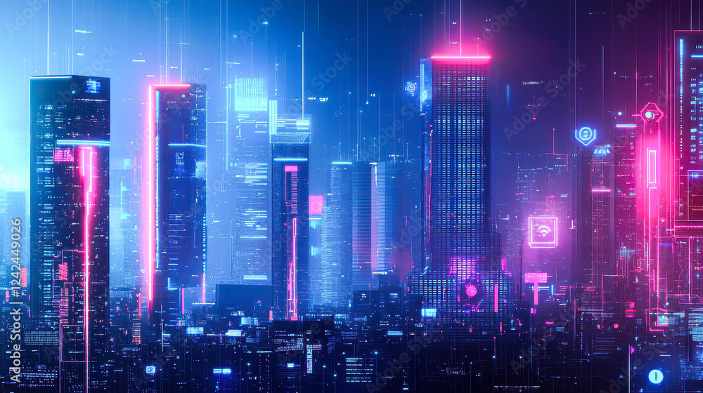Futuristic cyberpunk cityscape with neon lights and skyscrapers in night view Futuristic cyberpunk cityscape with neon lights and skyscrapers in night view