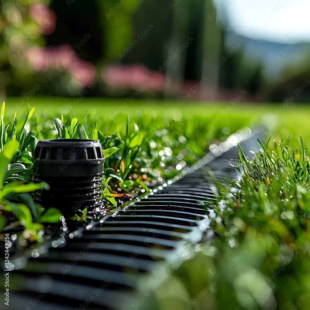 Close-up View of Black Drainage System in Lush Green Lawn