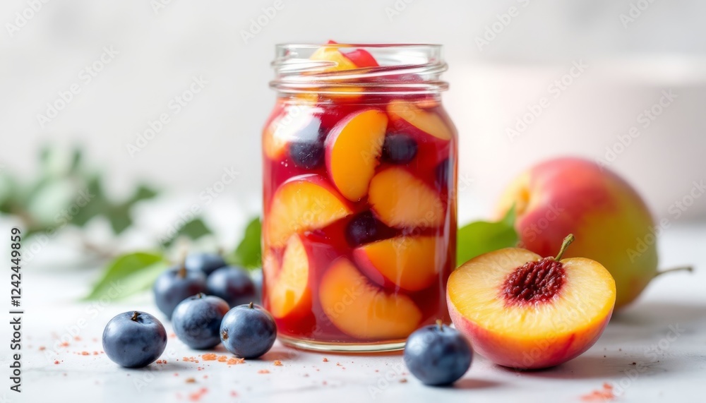 Glass jar filled with plum and peach jam, set against a white backdrop Glass jar filled with plum and peach jam, set against a white backdrop
