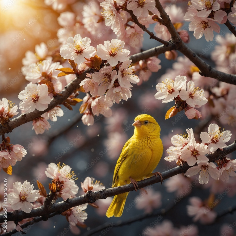 A bright yellow canary on a glowing cherry blossom branch. A bright yellow canary on a glowing cherry blossom branch.
