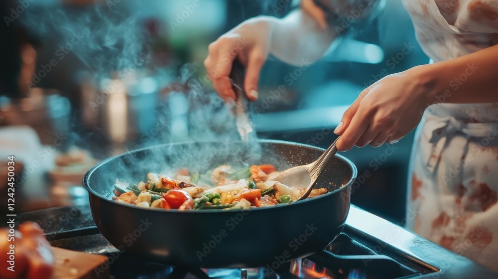 Chef stir-fries colorful vegetables in a pan. This photo depicts healthy cooking and delicious food. Chef stir-fries colorful vegetables in a pan. This photo depicts healthy cooking and delicious food.