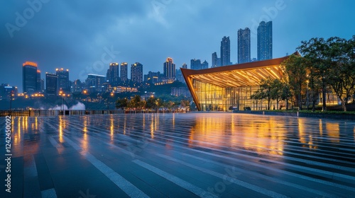 Fototapeta Naklejka Na Ścianę i Meble -  61.Asphalt road square and modern city buildings at night in Chongqing. Asphalt ground and modern building background after rain