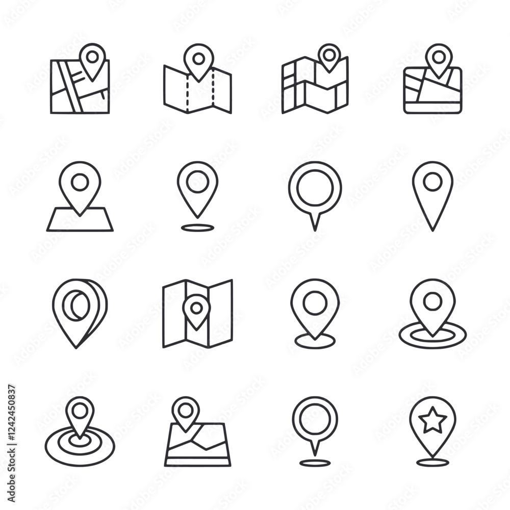 A set of map icons with a star and a circle A set of map icons with a star and a circle