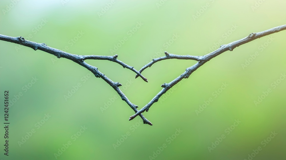 Fototapeta premium Heart Shape Created by Two Twigs Over Bright Green Background