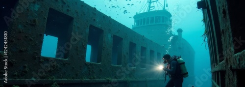 Deep in the ocean banner, a scuba diver investigates shipwreck, its rusted structure covered in coral. Beams of light reveal hidden details and ghostly past of wreck. Underwater adventure and diving. photo