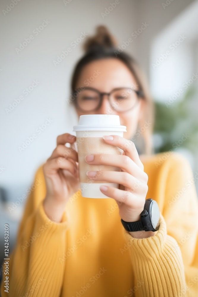 Woman holding a disposable coffee cup wearing a yellow sweater and a smartwatch enjoying a coffee break Woman holding a disposable coffee cup wearing a yellow sweater and a smartwatch enjoying a coffee break