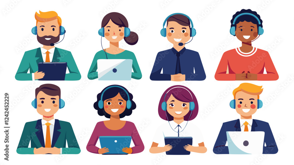 Set of customer service operators wearing headsets talking with clients, postures and poses in flat style illustration collection, business people icons Set of customer service operators wearing headsets talking with clients, postures and poses in flat style illustration collection, business people icons