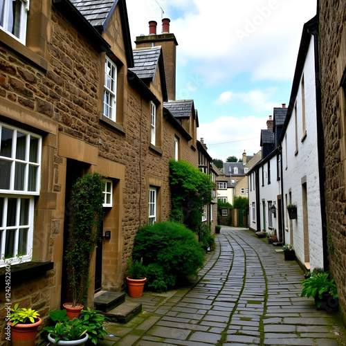 A charming, historic street in Culross, Scotland, lined with 17th-century cottages and narrow pathways, exuding traditional Scottish village charm. photo