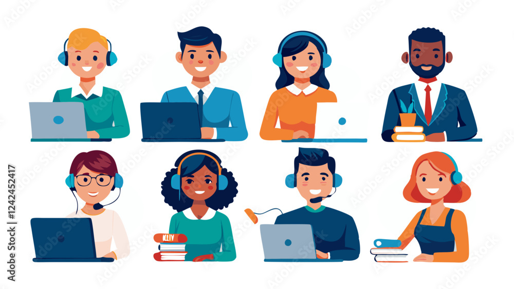 Set of customer service operators wearing headsets talking with clients, postures and poses in flat style illustration collection, business people icons Set of customer service operators wearing headsets talking with clients, postures and poses in flat style illustration collection, business people icons