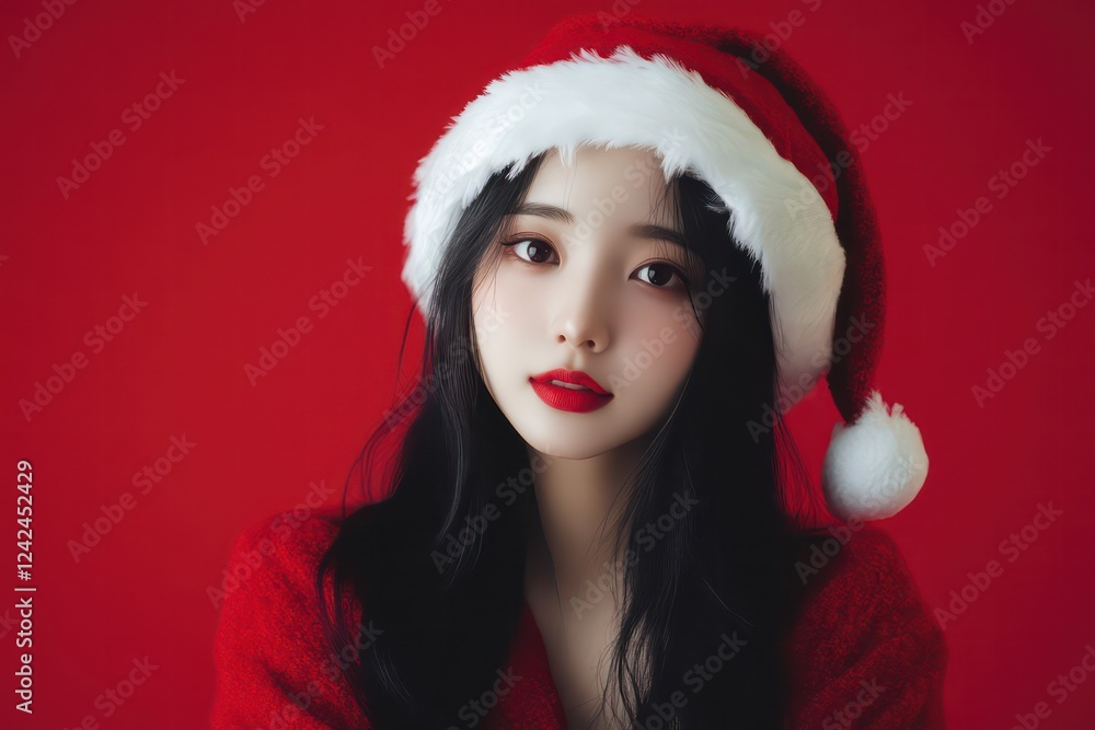 Editorial Photography of Asian female Santa Claus, hat, simple background, red background Editorial Photography of Asian female Santa Claus, hat, simple background, red background