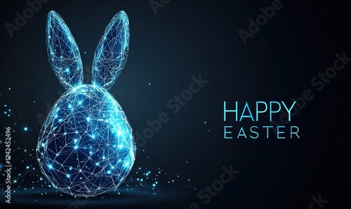 3D illustration of a happy Easter scene with a bunny, grass, and flowers on a light background.Happy Easter party social media post.