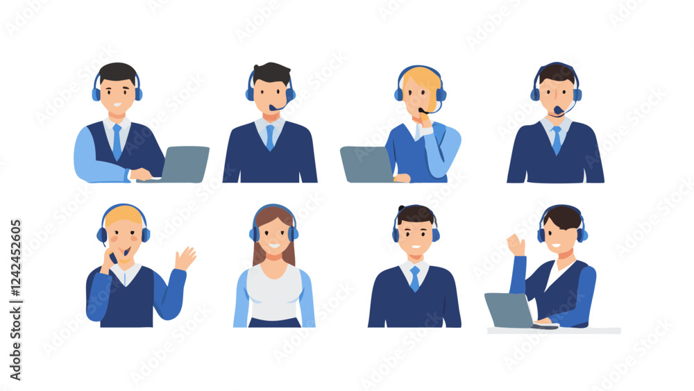 Set of customer service operators wearing headsets talking with clients, postures and poses in flat style illustration collection Set of customer service operators wearing headsets talking with clients, postures and poses in flat style illustration collection