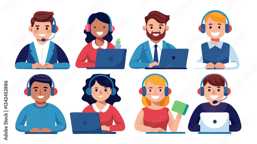 Set of customer service operators wearing headsets talking with clients, postures and poses in flat style illustration collection, set of business people Set of customer service operators wearing headsets talking with clients, postures and poses in flat style illustration collection, set of business people