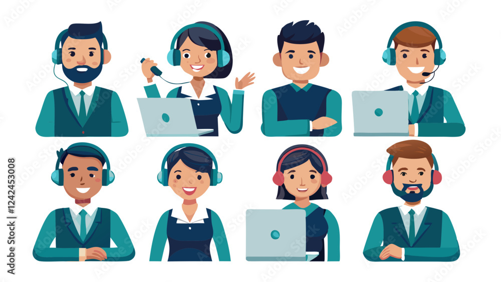 Set of customer service operators wearing headsets talking with clients, postures and poses in flat style illustration collection, set of business people Set of customer service operators wearing headsets talking with clients, postures and poses in flat style illustration collection, set of business people