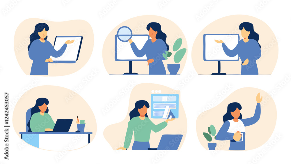 Set of woman character working, postures and poses illustration collection, business people icons Set of woman character working, postures and poses illustration collection, business people icons