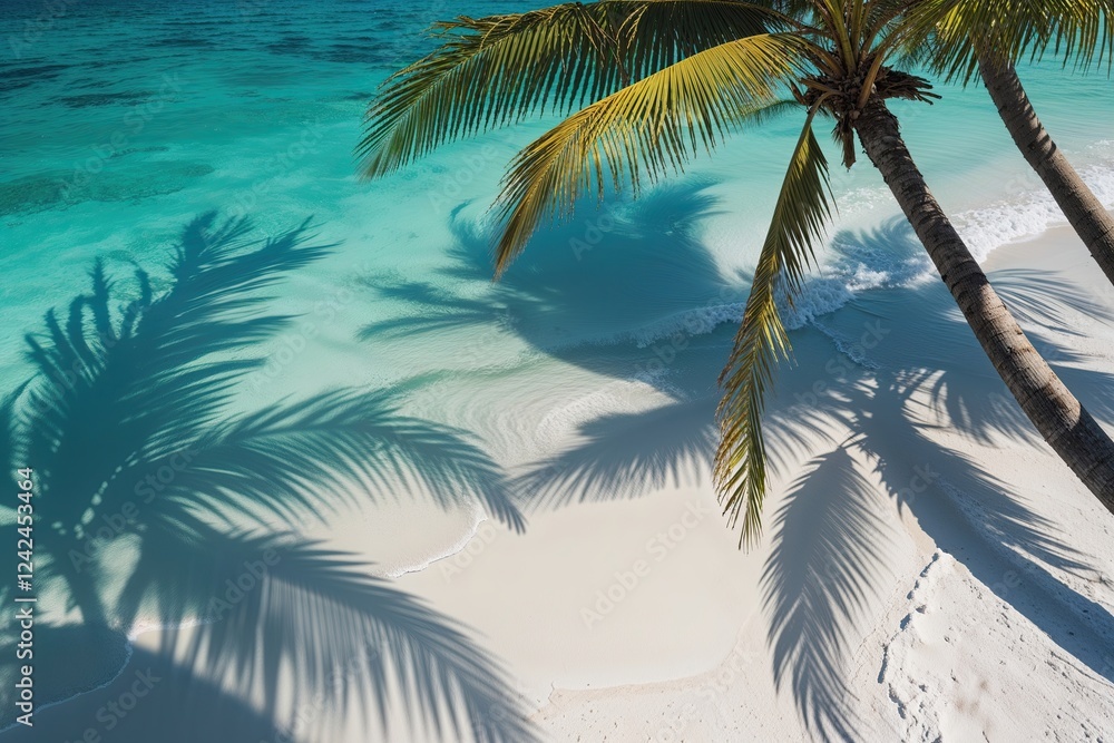 Fototapeta premium Ethereal Palm Leaf Shadows on Azure Waves and Pristine White Sand for Summer Getaways
