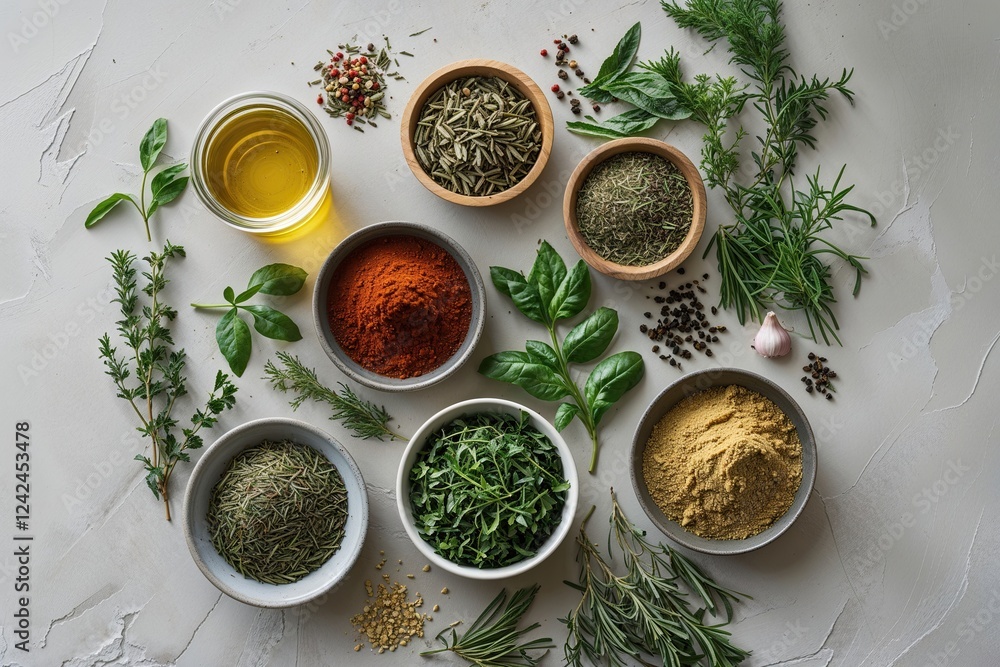 Aerial View of Flavorful Herbs and Spices for Nourishing Dishes on a Simple Backdrop Aerial View of Flavorful Herbs and Spices for Nourishing Dishes on a Simple Backdrop