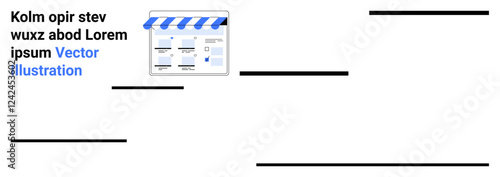 Storefront with blue and white striped awning over a website layout. Placeholder text Kolm opir stev wuzx abod Lorem ipsum Vector Illustration on the side. Ideal for e-commerce, web design, online