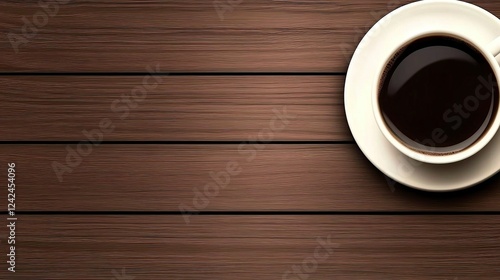 Coffee cup on wood, overhead view, workspace background, breakfast