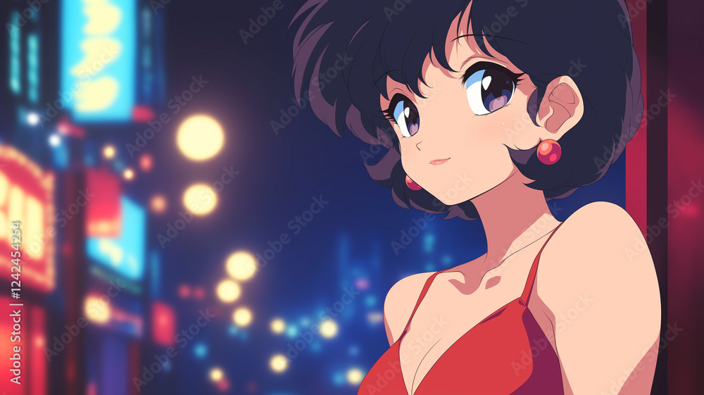 ナイトシティとエレガントな美女|アニメ風のスタイリッシュポートレート ナイトシティとエレガントな美女|アニメ風のスタイリッシュポートレート