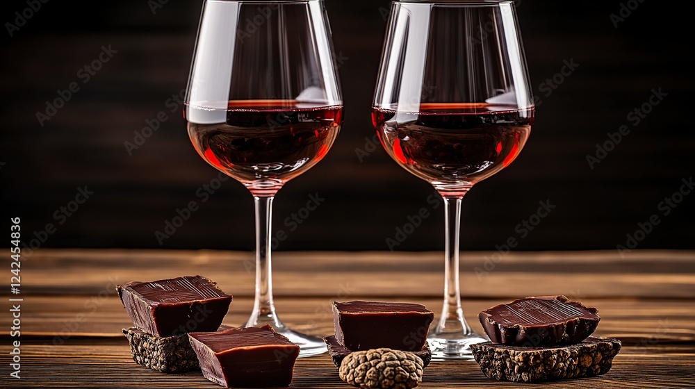 Red wine, dark chocolate pairing, wooden table, dark background, romantic dinner Red wine, dark chocolate pairing, wooden table, dark background, romantic dinner