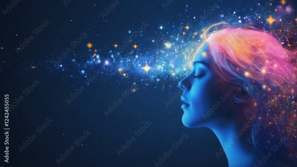 Fototapeta premium Silhouette of woman with closed eyes facing right against starry night sky in vibrant rainbow colors on dark blue.