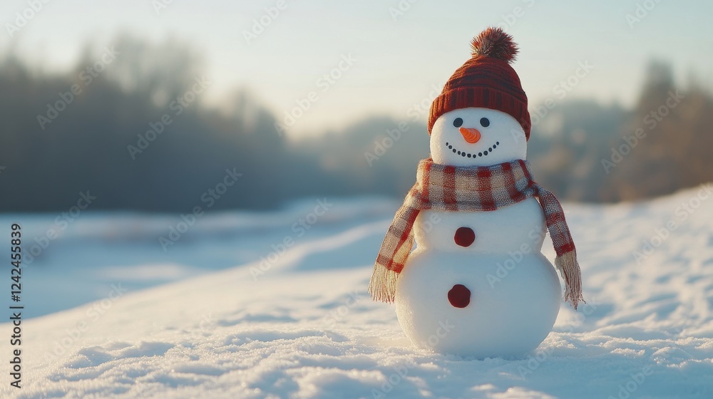 Obraz premium Cheerful Snowman on Blurred Winter Landscape Background - Festive Greeting Card with Copy Space