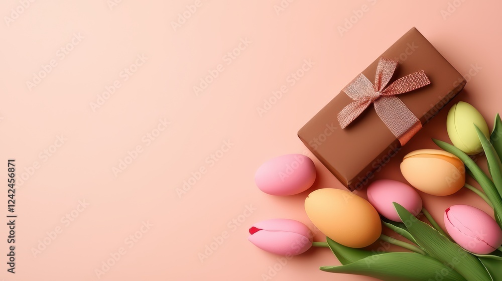 Gift Box with Easter Eggs and Tulips on Soft Pastel Background Gift Box with Easter Eggs and Tulips on Soft Pastel Background