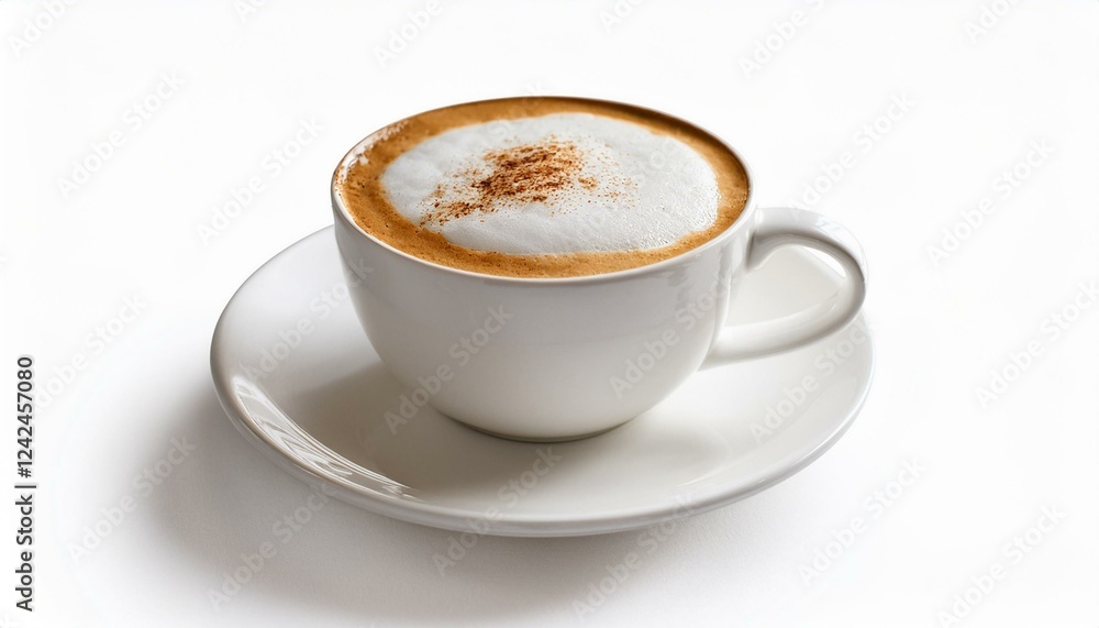 cup of cappuccino. Hot Cappuccino with milk foam in white cup isolated white background cup of cappuccino. Hot Cappuccino with milk foam in white cup isolated white background