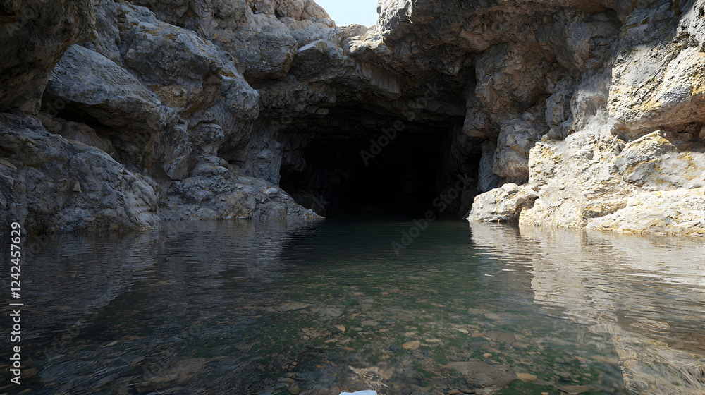 Dark cave entrance, coastal water, rocks, sunlight. Adventure game background Dark cave entrance, coastal water, rocks, sunlight. Adventure game background