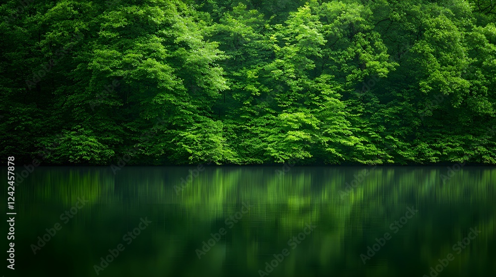 Dark Green Lake Reflecting Lush Summer Forest Dark Green Lake Reflecting Lush Summer Forest