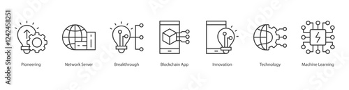 Disruption Outline Icon Sheet Pioneering, Network Server, Breakthrough, Blockchain App, Innovation, Technology, Machine Learning
