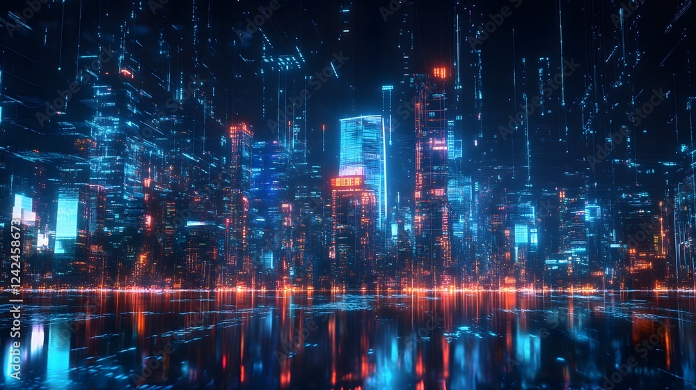 A cityscape with a large body of water in the background. The city is lit up with neon lights, creating a futuristic and vibrant atmosphere A cityscape with a large body of water in the background. The city is lit up with neon lights, creating a futuristic and vibrant atmosphere