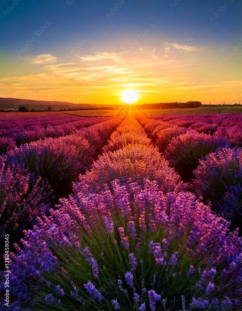 Fototapeta premium sunset over a sprawling lavender field 